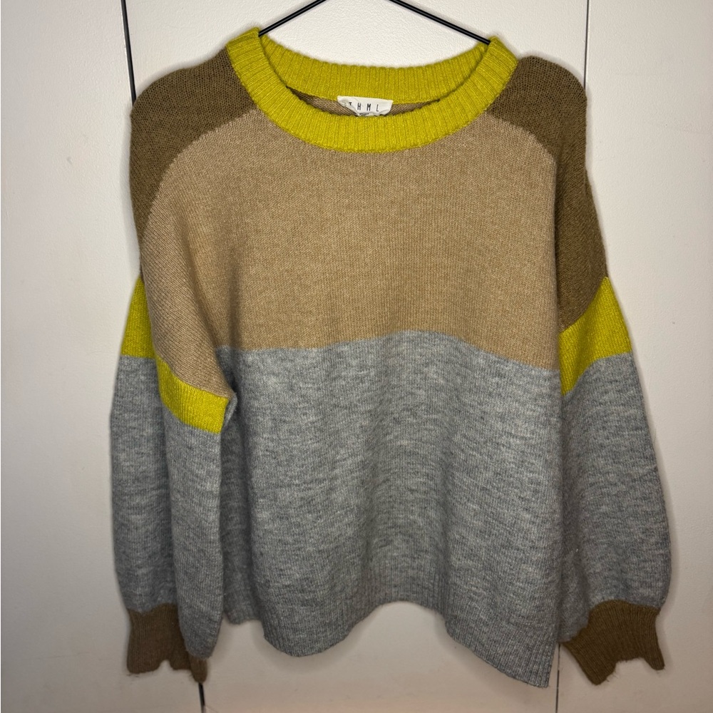 Boutique Colorblock Sweater in Grey, Brown, and Yellow